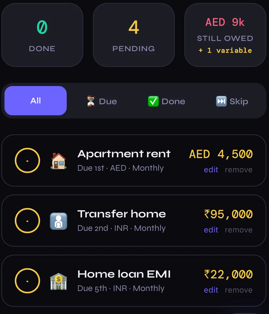 The obligations checklist showing rent in dirhams and a family transfer and loan EMI in rupees, with a running total still owed.